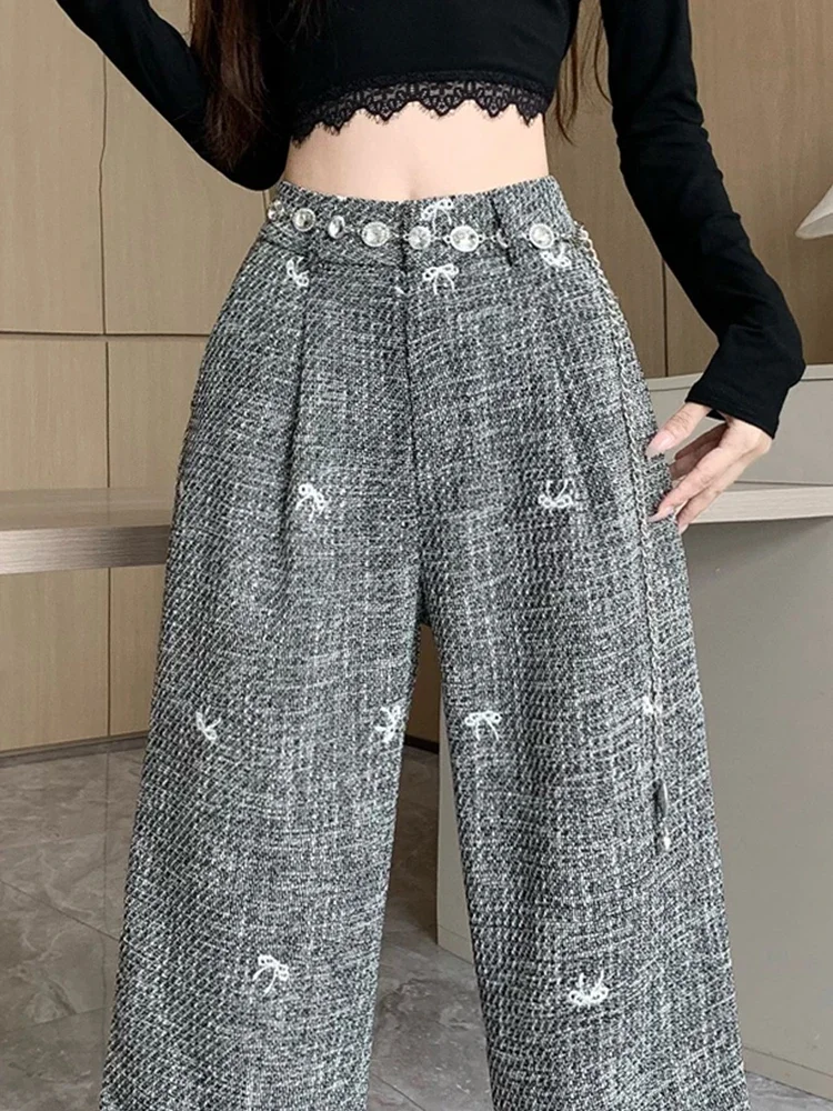 

Floral Woolen Wide Leg Pants for Women Autumn Winter Fashionable Embroidery Bow Straight Leg Pants Loose Casual with Belt