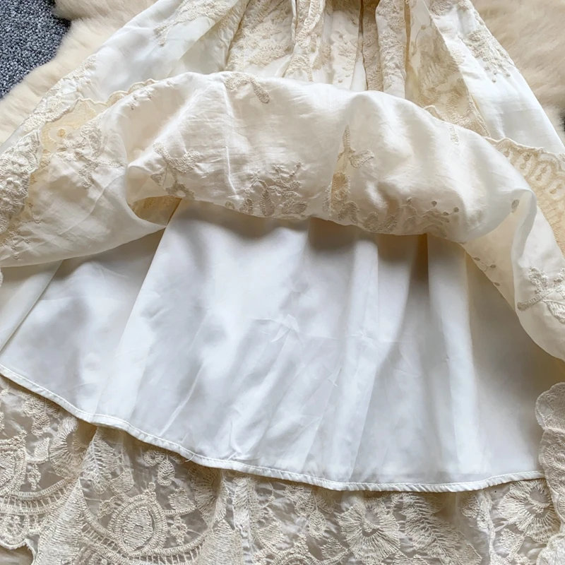 Vestido francés Retro de manga corta con cuello en V, bordado de encaje, cintura ceñida y delgada, línea A, vacaciones de hadas