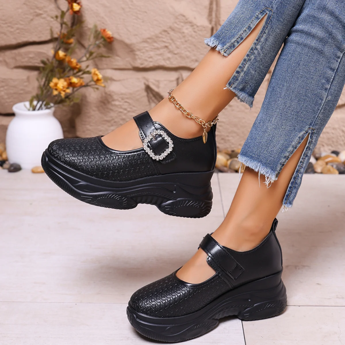 Rhinestone Buckle Thick Bottom Mary Jane Shoes Women Spring White Black Patent Leather Wedge Sneakers Lady Height Increase Shoes - view 5