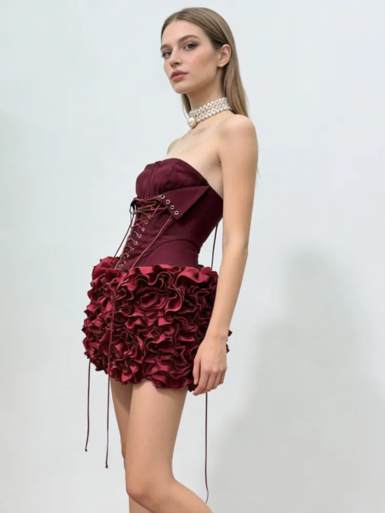 DFDG Women's Spring Summer Strapless Lace Up 3D Flower Mini Skirt Set Formal Cocktail Wear 2026 Trendy Feminine Fashion Set view 3