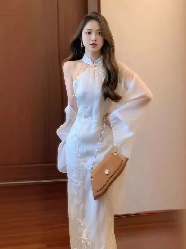

Elegant Chic Summer Long Dress Sun Protection Shawl Two Piece Set Fashionable Slim Fit Cotton Gauze Women's Ensemble