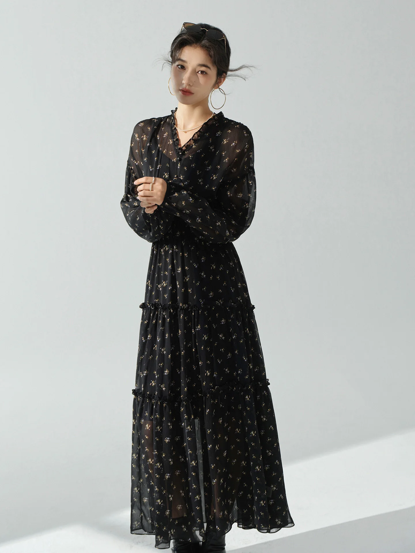 French Style Floral Dress Women Elegant Autumn Maxi Tea Dress with High Waist Flared Hem Long Sleeve Vintage Casual Party Outfit