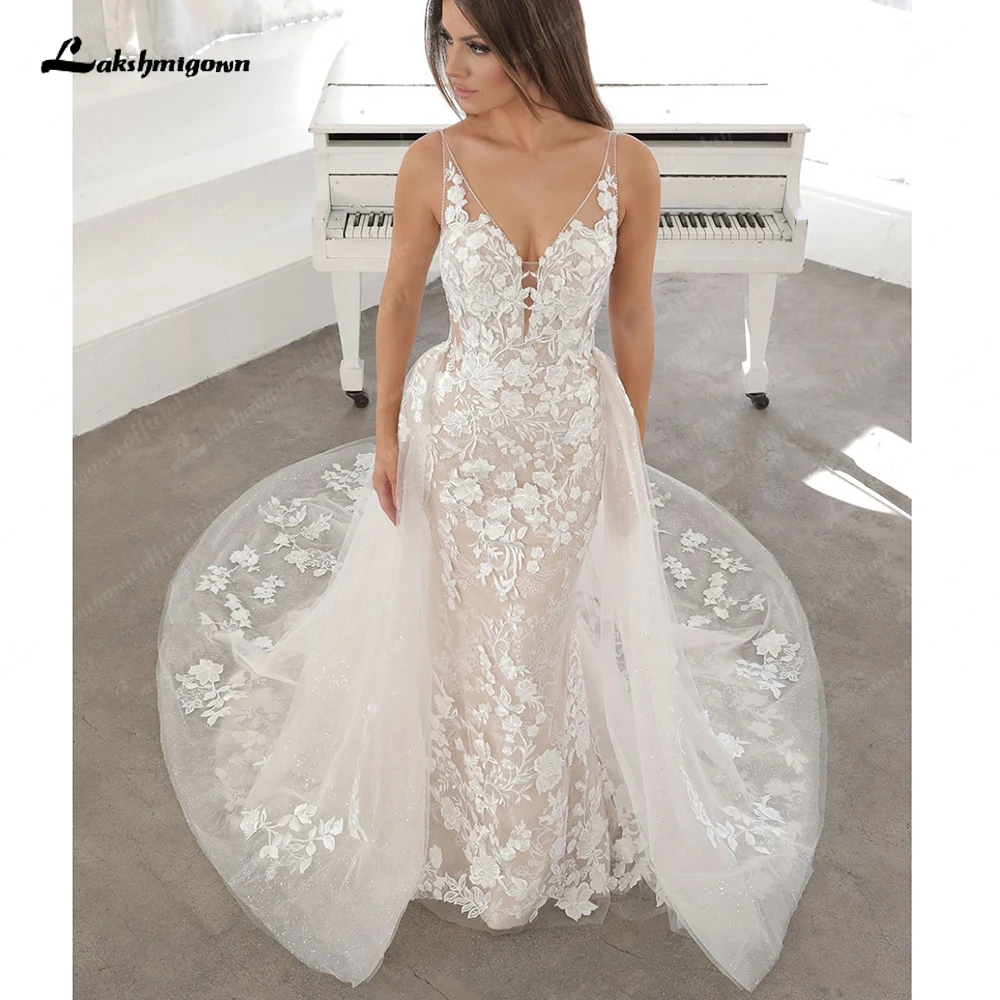 Lakshmigown Sexy Lace 2 in 1 Mermaid Wedding Dresses with Detachable Skirt Spaghetti Straps Applique Bridal Gown Customized