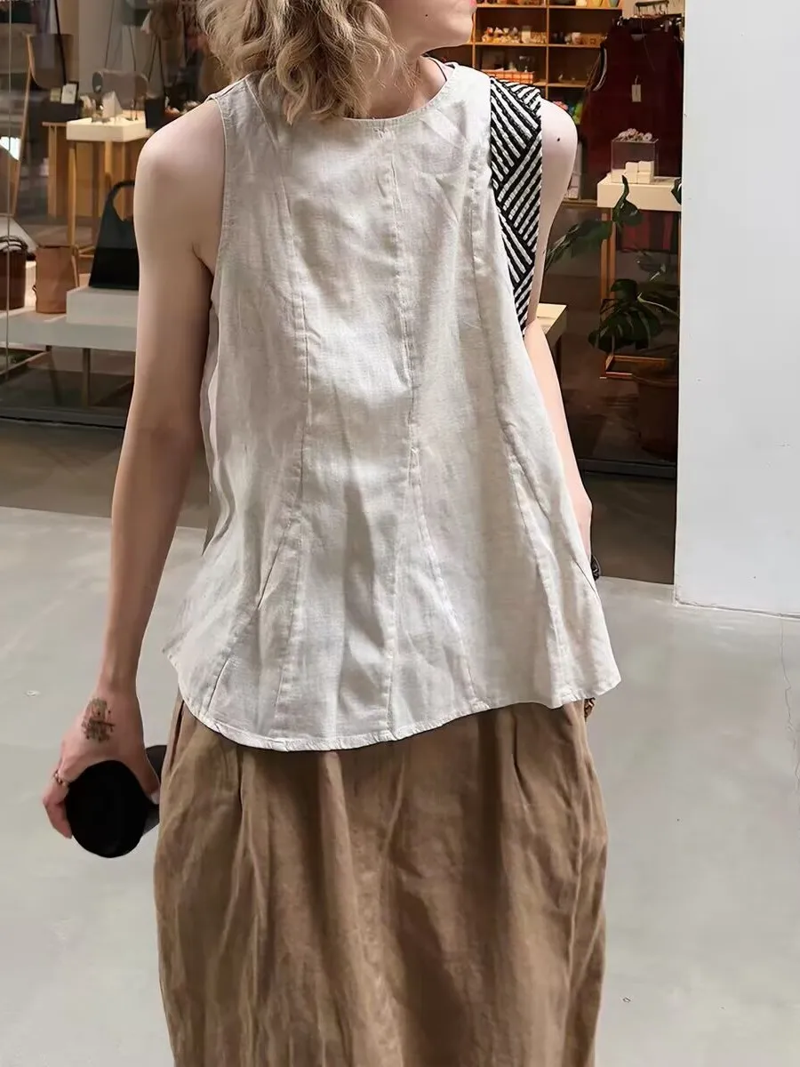 

Retro round Neck Sleeveless Large Size Women's Casual Slim Fit Patchwork Linen Vest Summer Versatile Top Comfortable Leisure