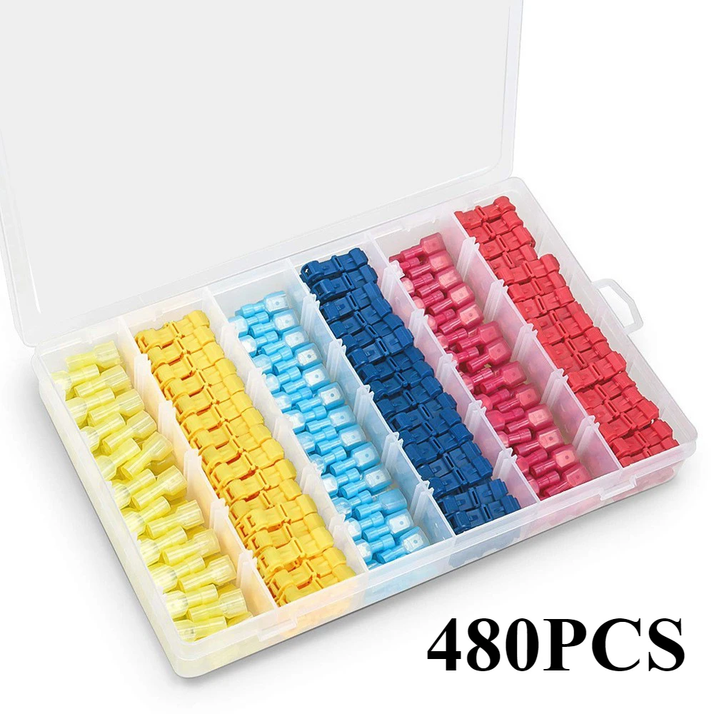 480PCS T-Type Wire Connectors, Self-Stripping Quick Splice Electrical Wire Terminals, Insulated Male Quick Disconnect Spade