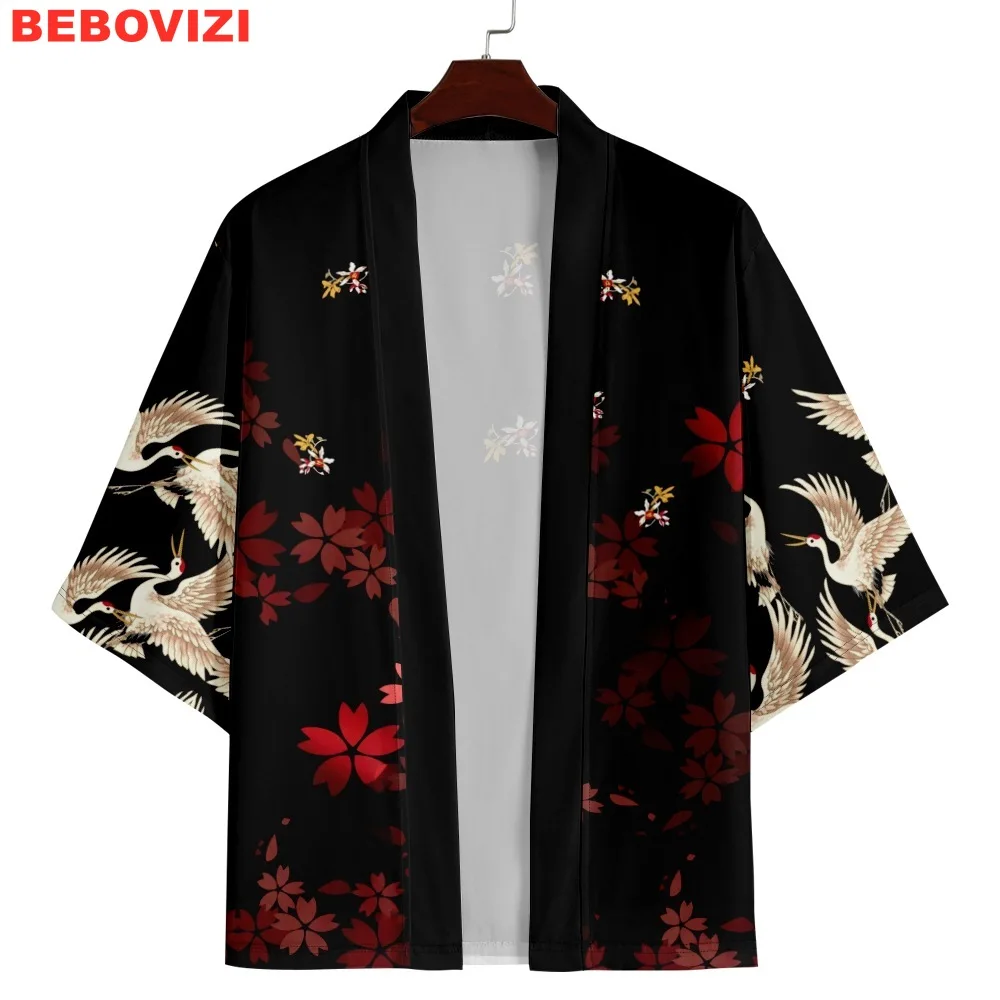 Crane Cherry Blossom Print Women Cardigan Haori Fashion Beach Yukata Cosplay Japanese Kimono Men Asian Clothing Plus Size 6XL