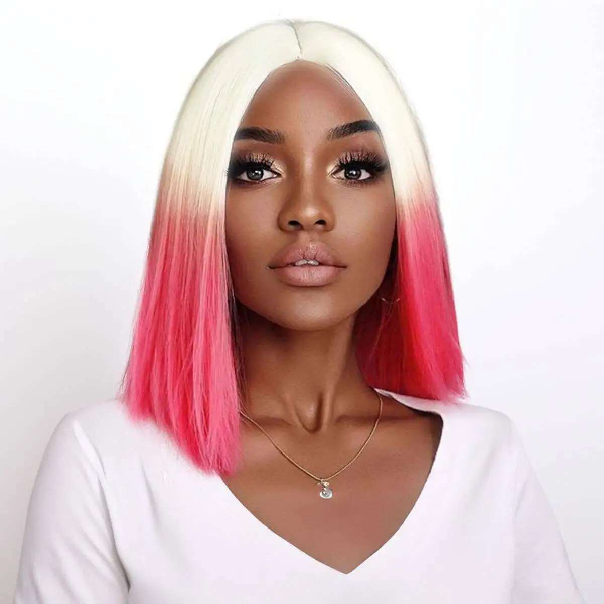 Anxin Women's Pink Ombre Wig Mid-part Short Straight Bob Synthetic Short Wig For Women Daily Use