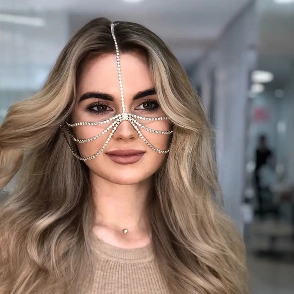 Cubierta de diamantes de imitación, joyería para la cara, decoración para la cara, cadena para el cabello, velo con borla, velo de cristal, cadena para la cara, cadena para la cara en capas de cristal