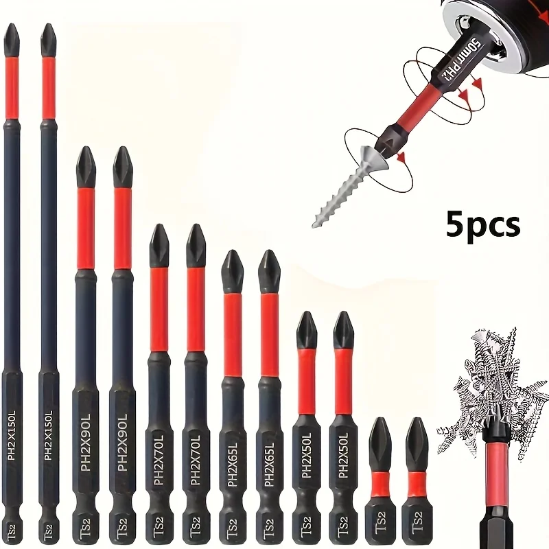 5-teiliges magnetisches rutschfestes Bohrer-Set |   S2-Stahl, geeignet für elektrische und manuelle Bohrmaschinen, Kreuz- und Schlagbohrmaschinen