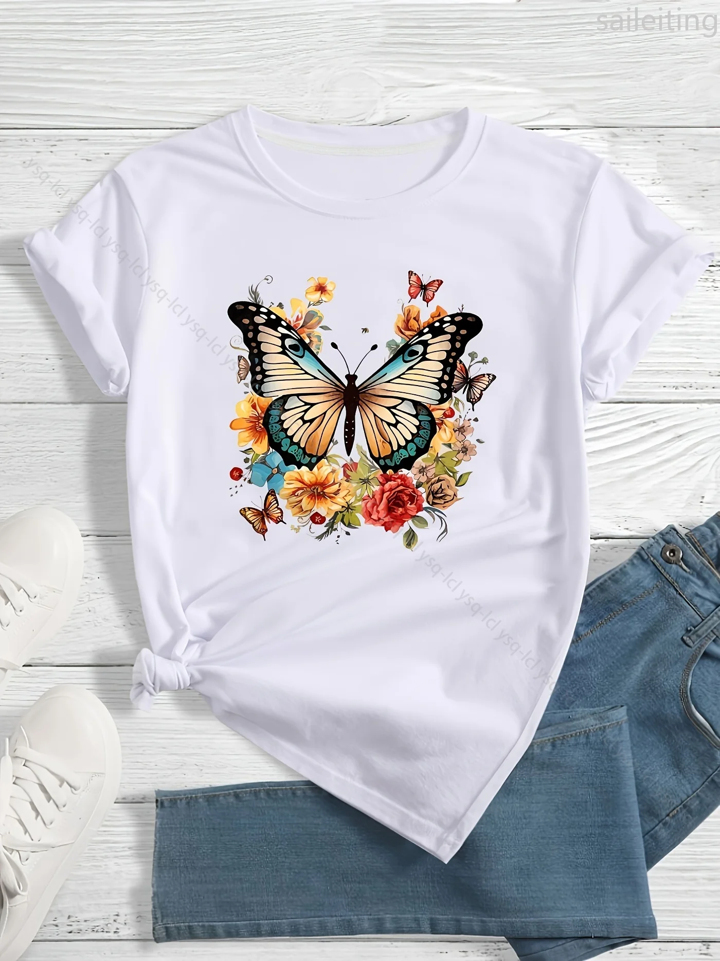 

Butterfly and Floral Printed Women's T-shirt, Children's Casual Short-sleeved Summer Women Surfing Sleeved Harajuku Streetwear