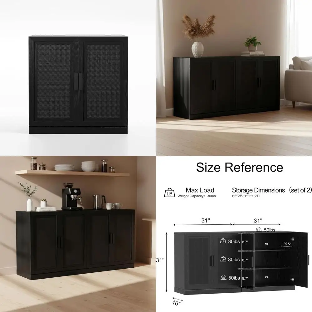 

Double-Piece Black Sideboard with Rattan Panels for Kitchen, Dining, and Living Spaces, 31H x 62W