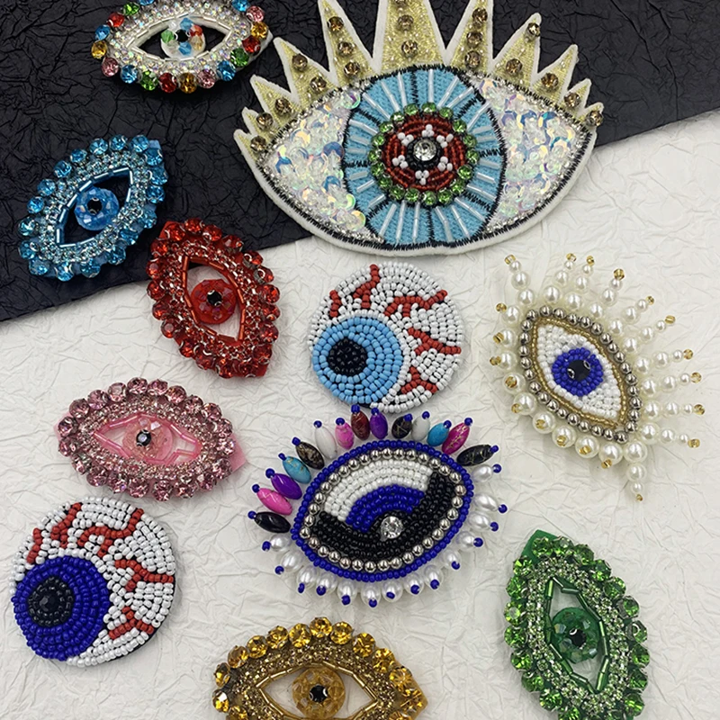 3D Handmade Unique Embroidery Diamond Pearl Colorful Eyeball Fashion Patches For Hats  DIY Sewing Accessories Punk Decoration