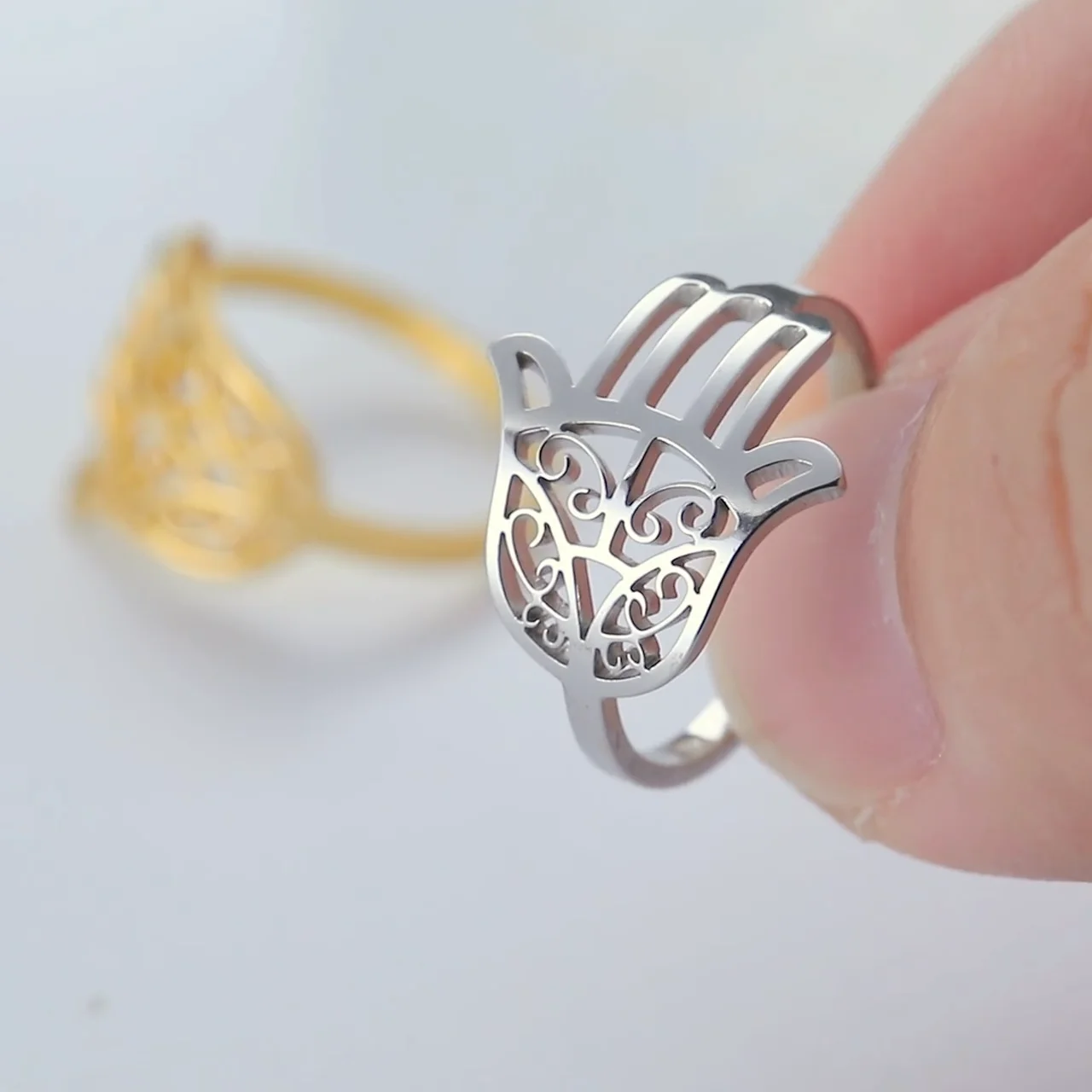 LIKGREAT Vintage Hamsa Fatima Hand Ring Stainless Steel Jewelry Religion Women Gold Color Rings Amulet Talisman Gift