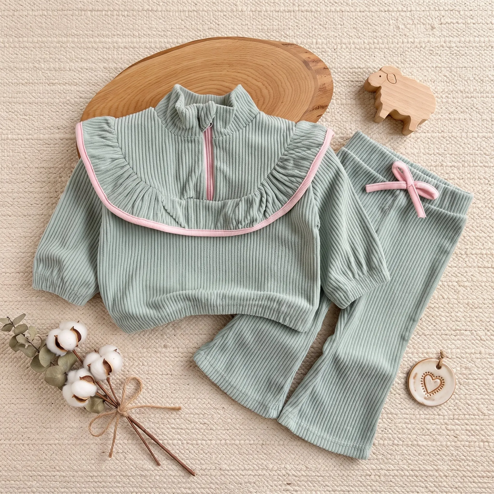Baby-Mädchen-Set mit geripptem Oberteil mit Reißverschluss und Rüschenkragen, 2-teilig, hellgrün, Oberteil mit Rüschen und Schleife, ausgestellte Hose, Frühlingsoutfit für Kleinkinder. – Detail 1