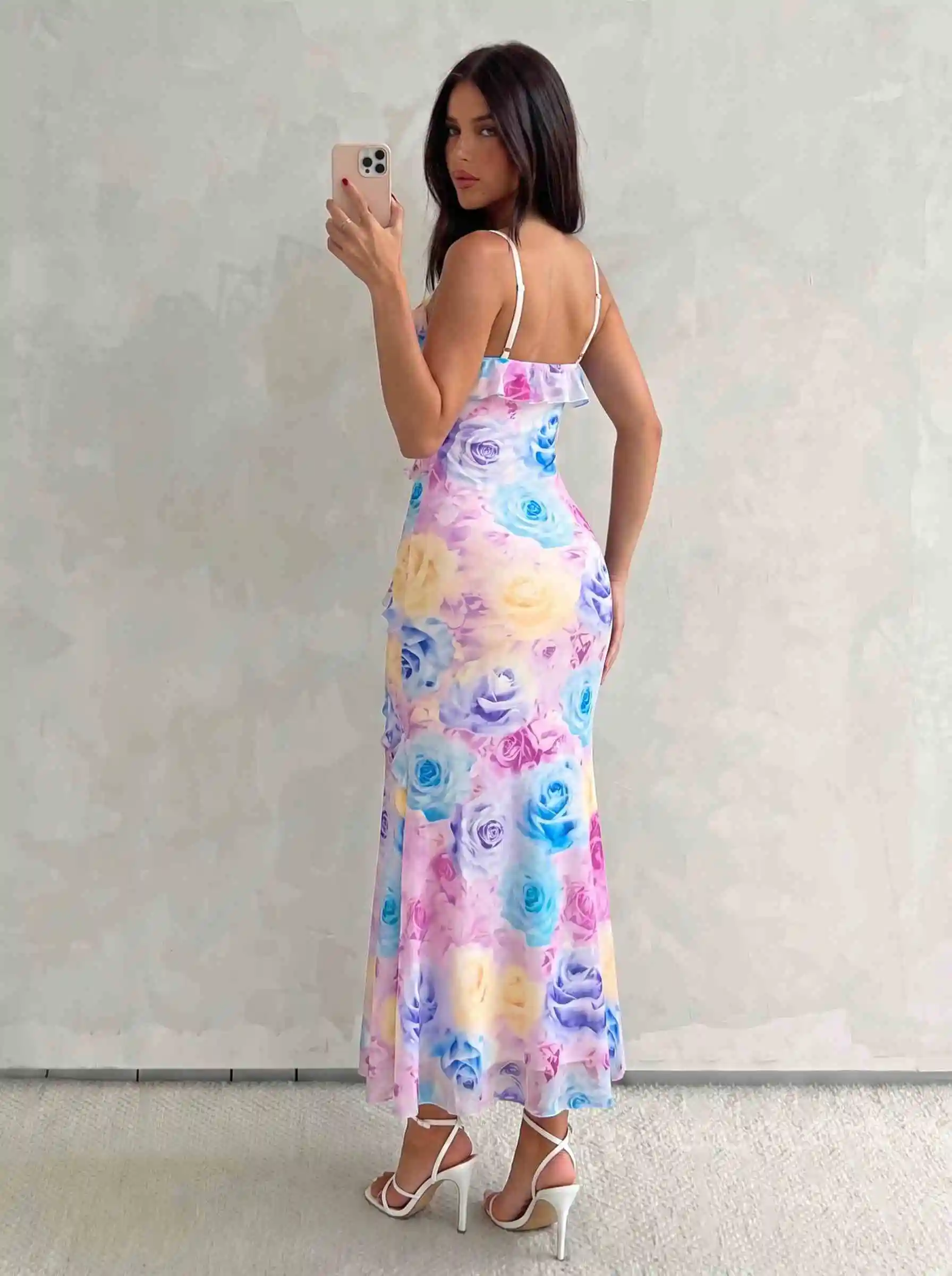 Damen Aquarell-Rosen-Print Cami-Kleid mit Rüschen, Chiffon-Midikleid, Spaghettiträger, fließendes Kleid für Urlaub, Strandparty, Ferien – Detail 24