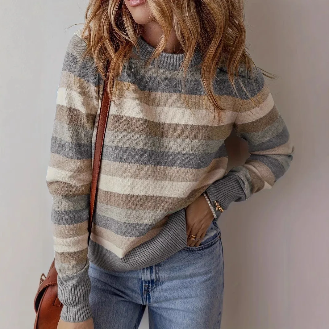 Women's Winter Clothing Round Neck Long Sleeve Medium Weight Printed Color Block Contrast Color Single Piece Sweater for Women