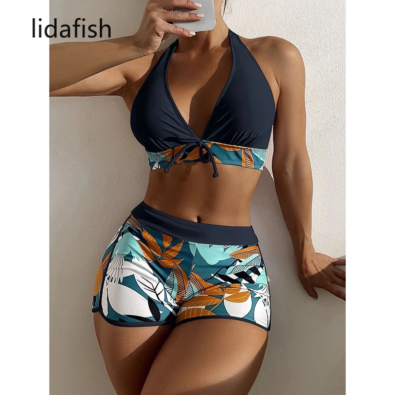 lidafish Boxer Pants Bikinis Set Leaves Print Swimwear Women Two Pieces Swimsuit Biquini Summer Bathing Suit