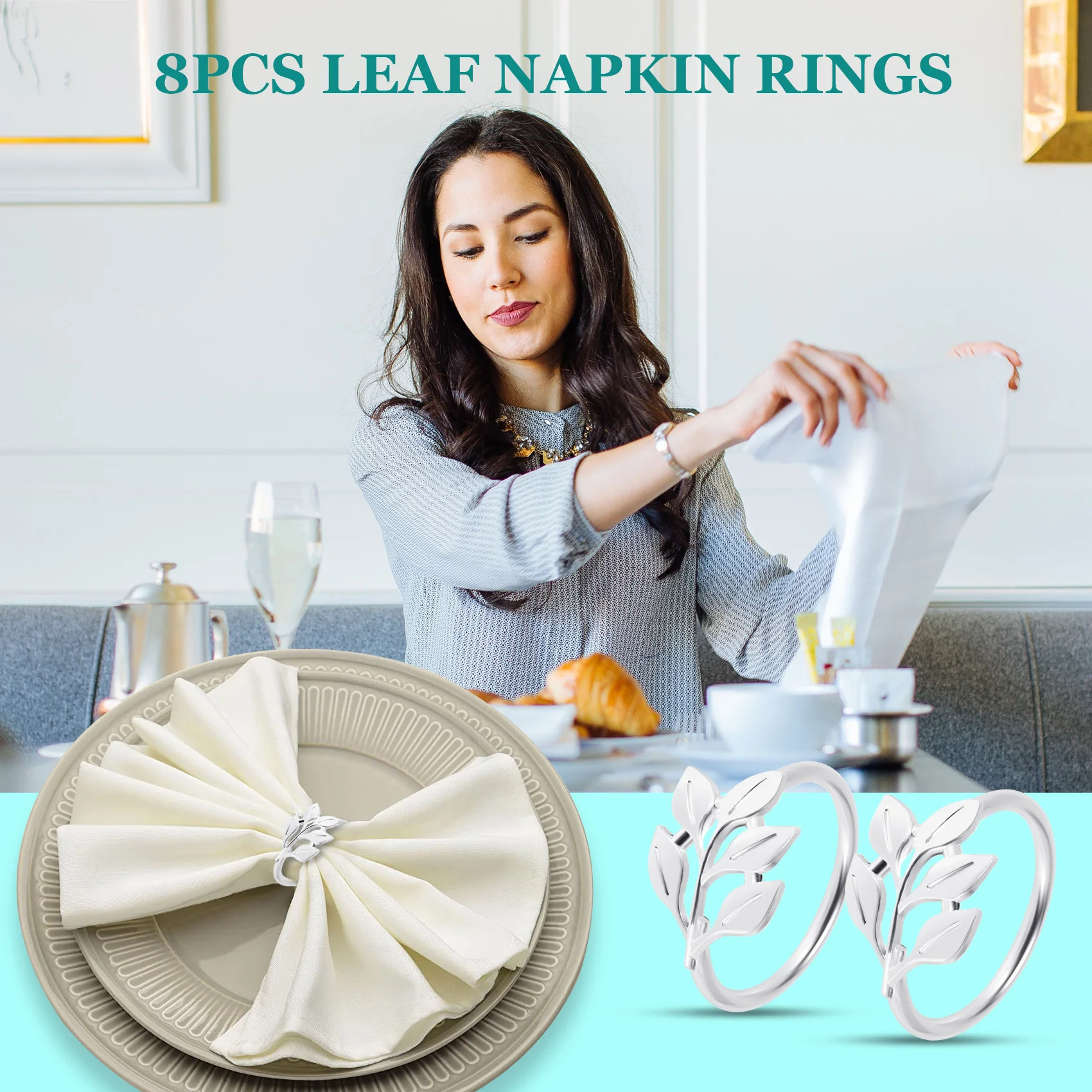 

8PCS Leaf Napkin Rings Metal Silver Napkin Holder Table Napkin Rings For Dinning Table Parties Everyday