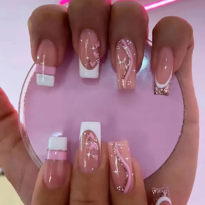 

24 Pcs Press on Nais with Sticky Tabs Fashion Pink Paste Nails Heart Decorations Self-nail French Coffin Middle Long Fake Nails