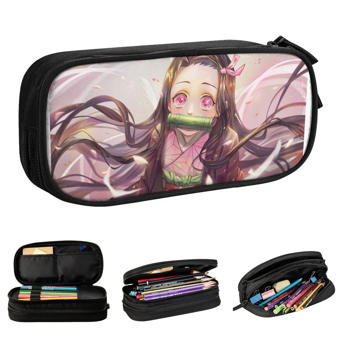 Kamado nezuko lápis caso kimetsu não yaiba anime lápis bolsa caneta para estudante grande saco de armazenamento escritório zíper papelaria