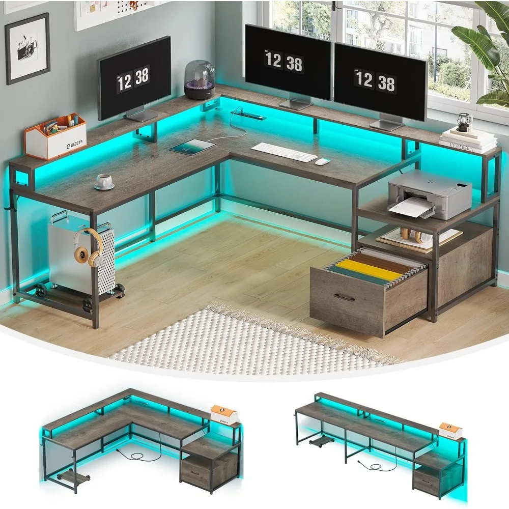 

L Shaped Desk, 66" Home Office Desk with File Drawer and Power Outlet, Corner Computer Desk with Monitor Shelf, Printer Storage