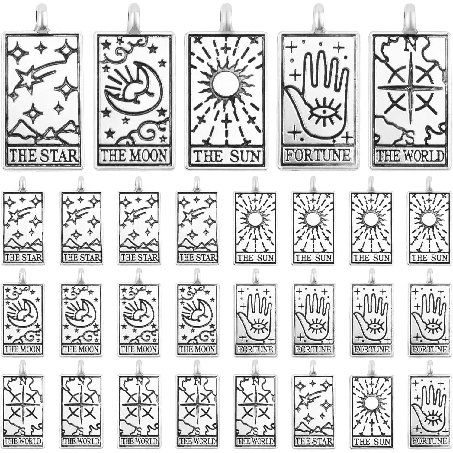 

30 шт. прямоугольные подвески в виде карты Таро, винтажные подвески из сплава, Солнце, Луна, Звезда, удача, амулет, волшебные висячие подвески для сережек «сделай сам»