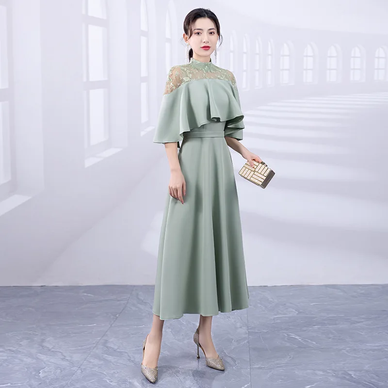 Sempre bonito-vestido de noite longo para mulheres, elegante, verde claro, manga folha de lótus, a-line, cinto flor, vestido de baile, novo, 2023