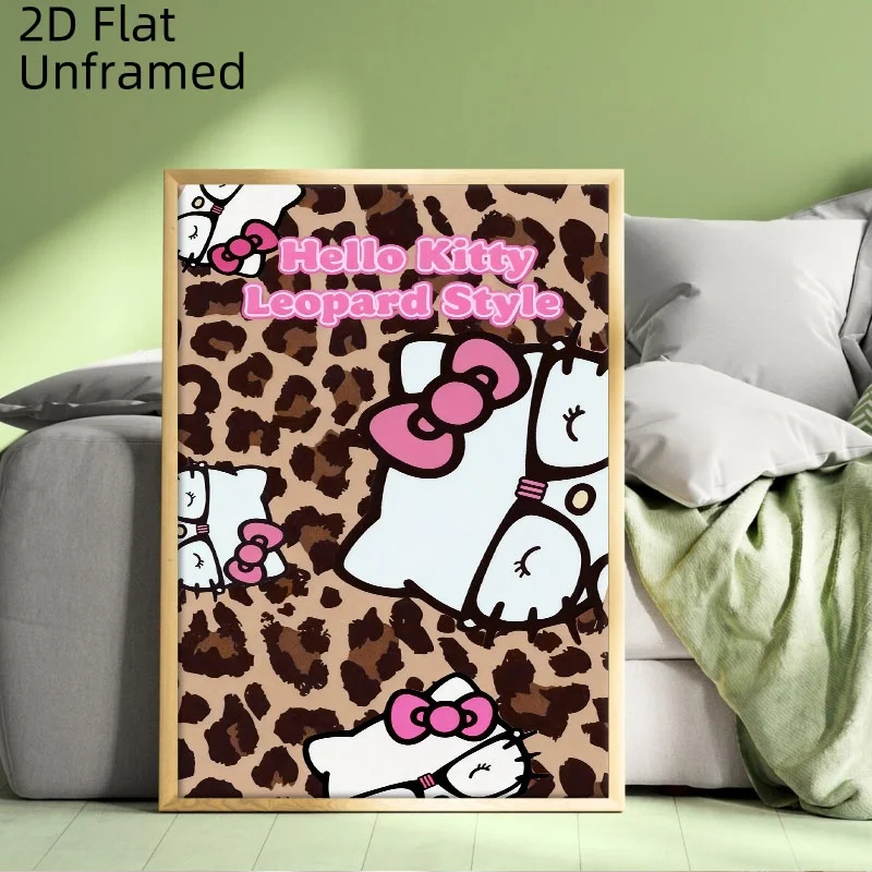 2027 2DFlat, , 1pc Unframed  Hello Kitty Leopard Style Posters And Prints, Cute Leopard Print Background Canvas Wall Art with