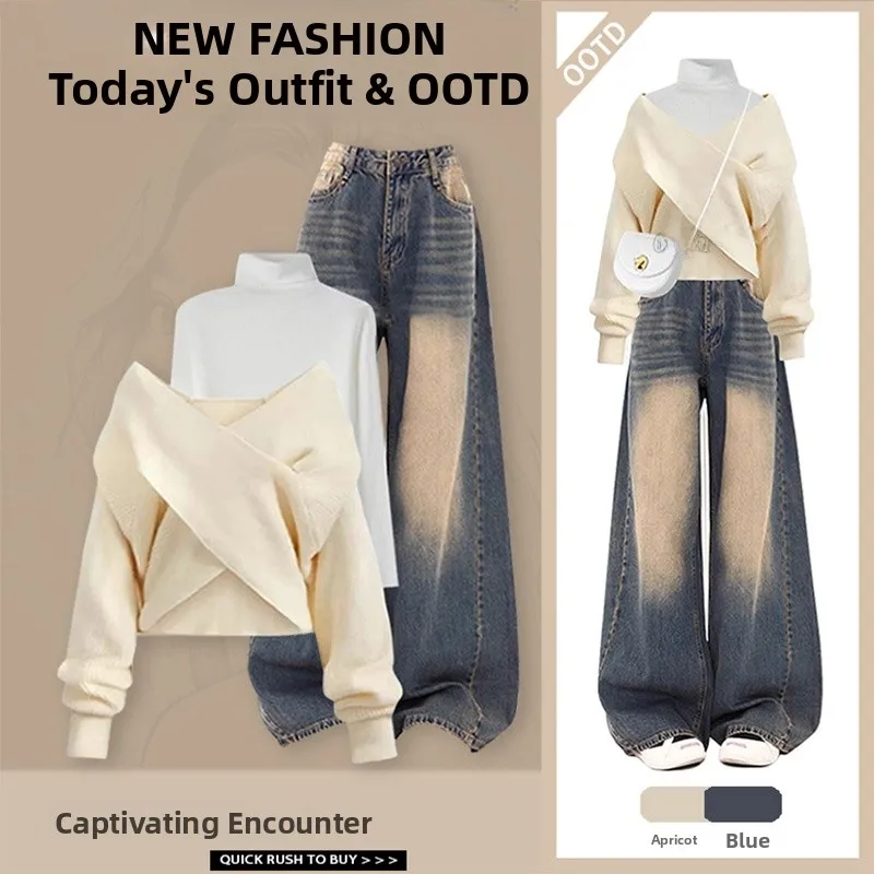 

Faionable V-Ne Cross Design Long Sve Base irt Женские повседневные длинные брюки Осенний комплект одежды Ele Simple Sle