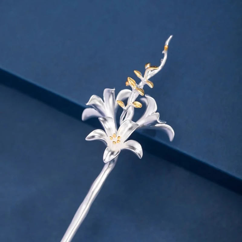 Original Design 925 Silver Lily Flower Hairpin Simplicity Cheongsam Hair Accessories Tiara Exquisite Pin Banquet Jewelry