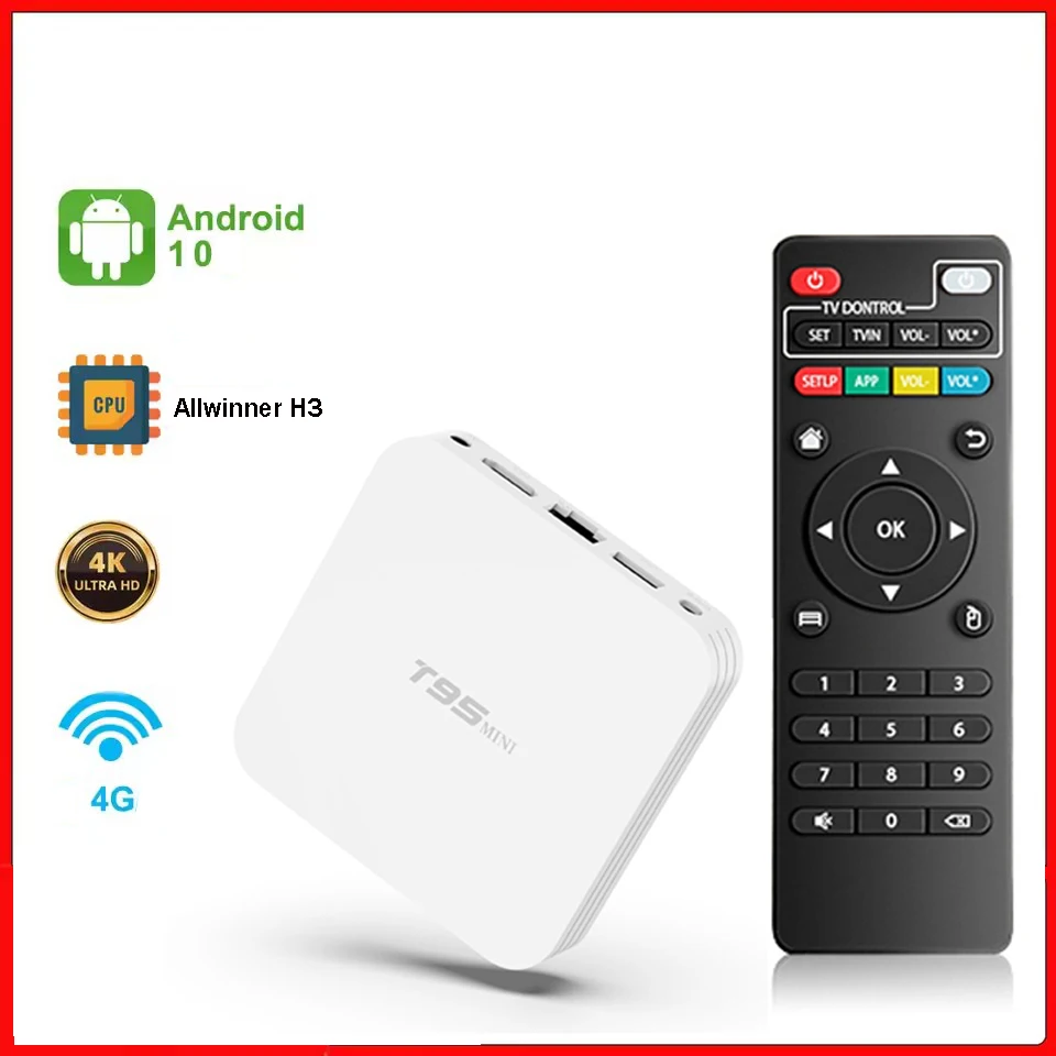 T95 Mini-TV-Box Android 10, Set-Top-Box HDR 4K Quad-Core H.265 WiFi 4G Smart Media Player IPTV Allwinner H3