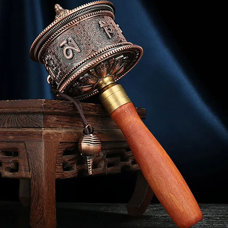 New 21cm Red Copper Color Alloy Metal Decorate Carving Guanyin/Six Words  Mantra/Scriptures Wooden Hand Cranking Prayer Wheel