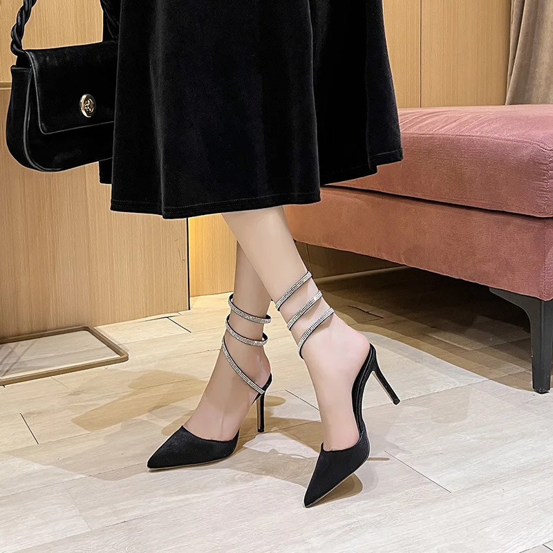 Silver wrapped high-heeled sandals with pointed thin heels and empty heels, water diamond snake shaped wrapped high-heeled shoes