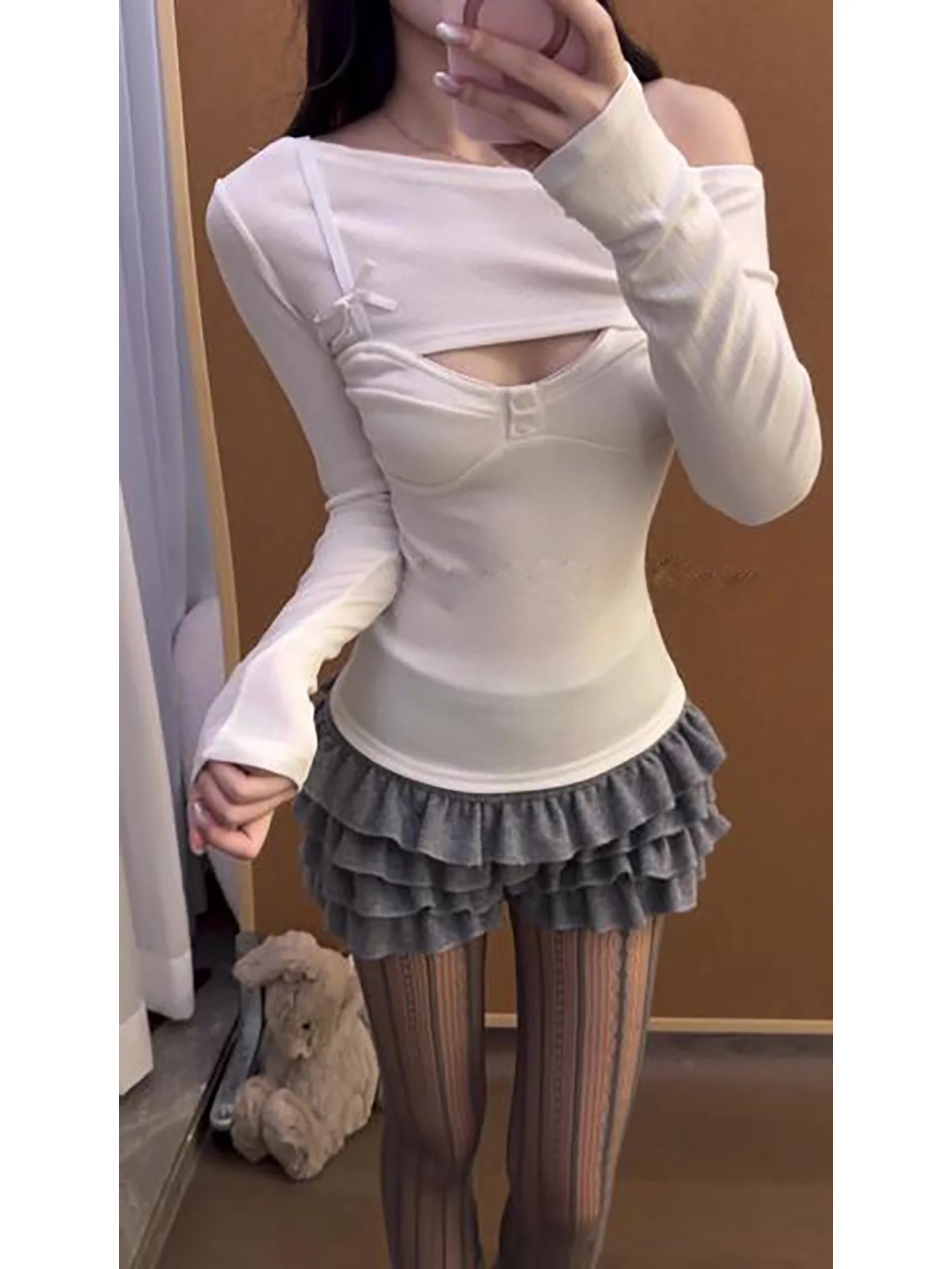 

Женская футболка с открытыми плечами Long Sve, облегающий базовый топ с высокой талией и узлом, сексуальная зимняя мода