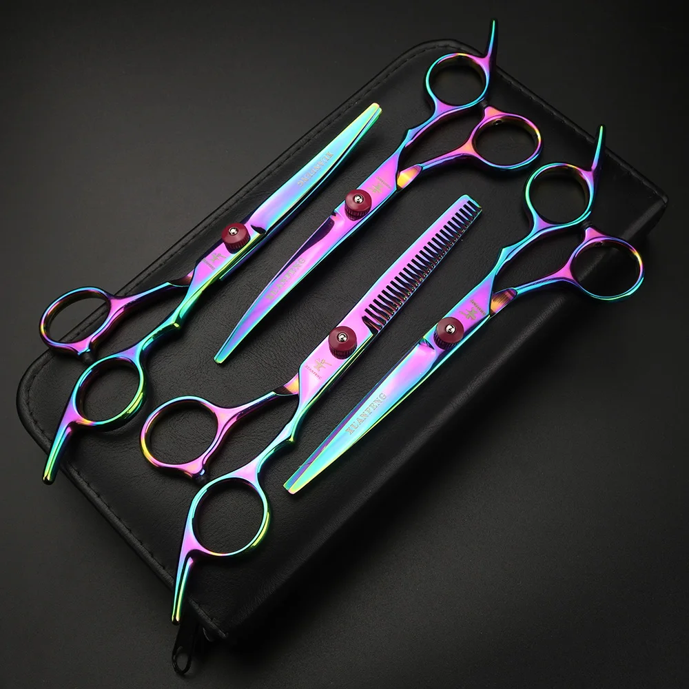 XUANFENG 6 inch colored hair scissors, pet cutting scissors and thinning scissors, including leather covers and steel combs