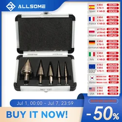 ALLSOME 5pcs Metric/Inch Hss Cobalt Step Drill Bit Set Multiple Hole 50 Sizes with Aluminum Case