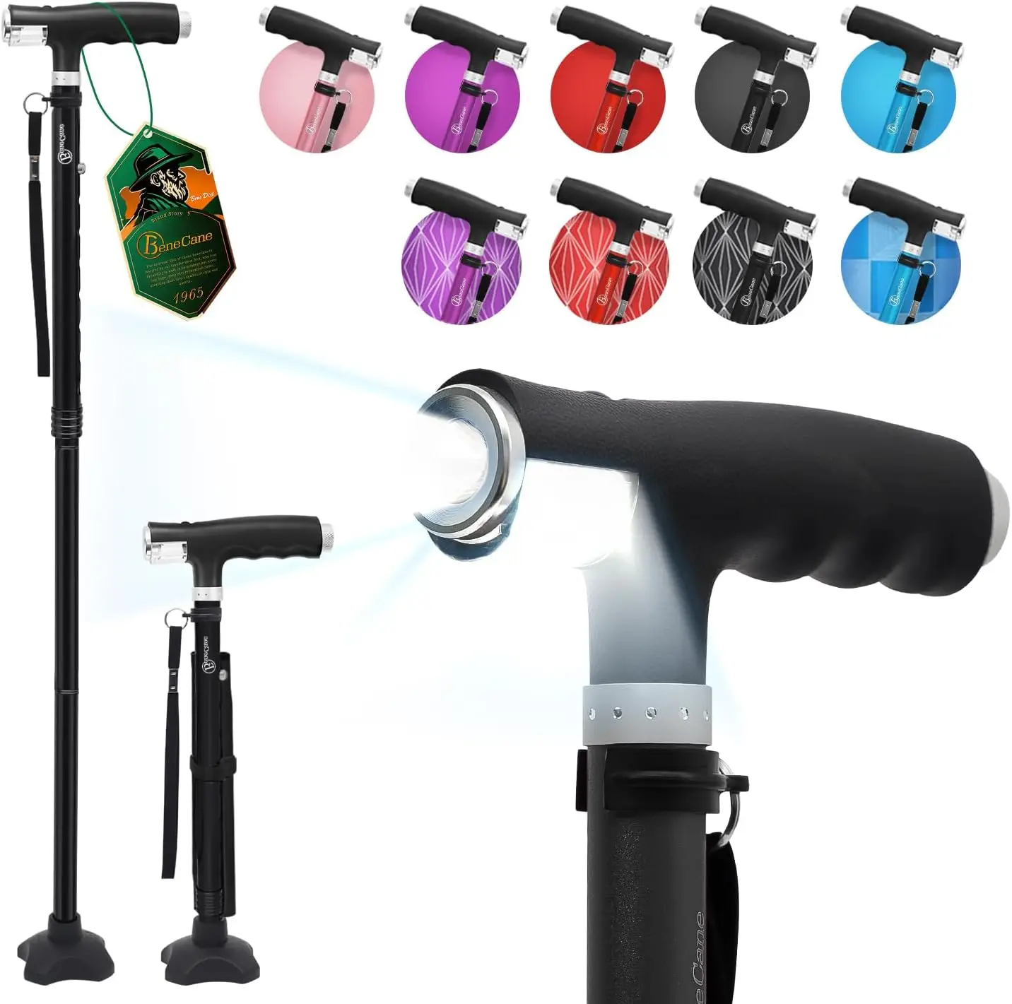 

Складная трость с LED-подсветкой, регулируемой высотой и устойчивой четырехногой подставкой для пожилых людей и взрослых