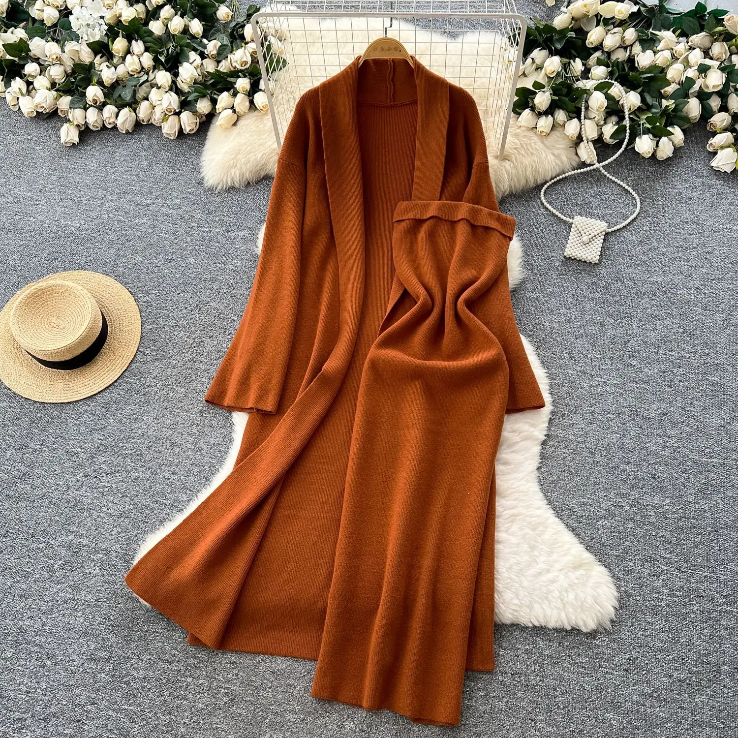 

Women Knitted Tube Dresses Sets Two Pieces Dress Set Sweater Long Cardigan Ankle Lenth Slim Strapless Dress Casual 2025 Autumn