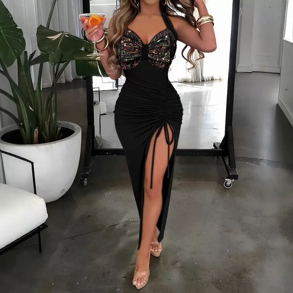 

Sequin Bowknot Decor Halterneck High Slit Side Drawstring Bodycon Dress Women Sleeveless High Waist Long Dress Ankle Length