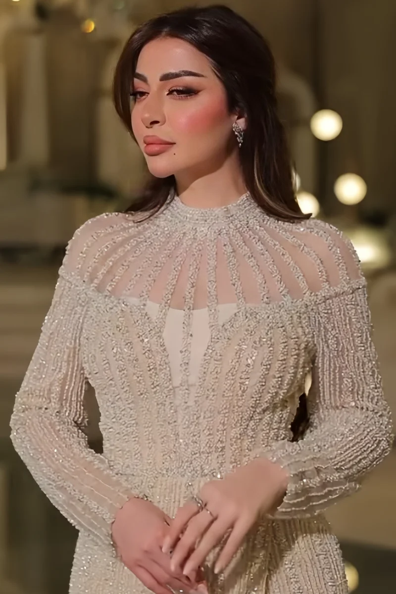 

Champagne Beaded High Neck Long Sleeve Evening Dress Elegant Formal Party Gown Luxury Glitter 2025 New Arrival Customized