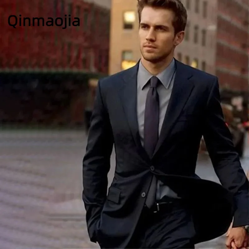 

Navy Blue Formal Mens Suits Slim Fit Notched Lapel Formal Business Wedding Groom 2 Piece Set Pants Costume