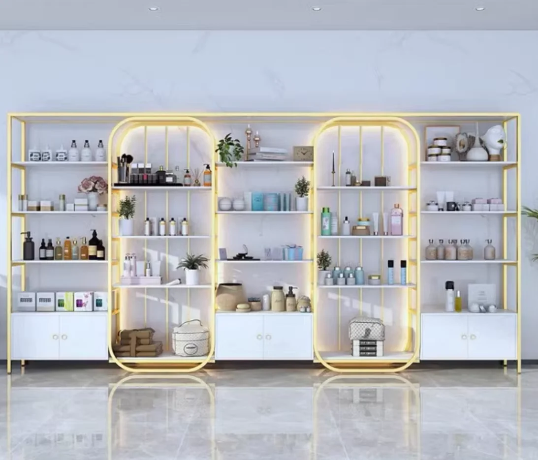 Cosmetics beauty salon skin care products display cabinet Nail makeup store shelves Hair health club live storage rack