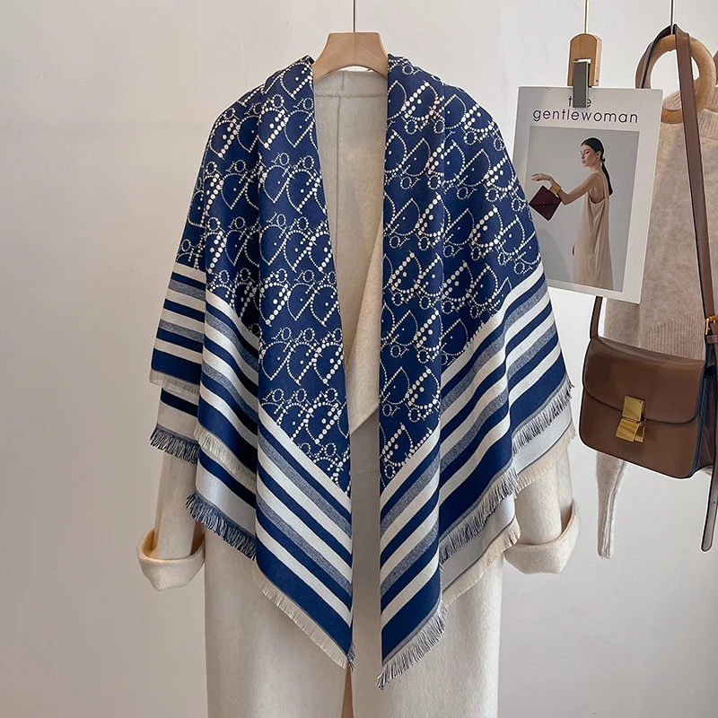 Elegante listrado design cachecol imitação de caxemira macio quente versátil xale à prova de frio à prova de vento cobertor cachecol para outono inverno