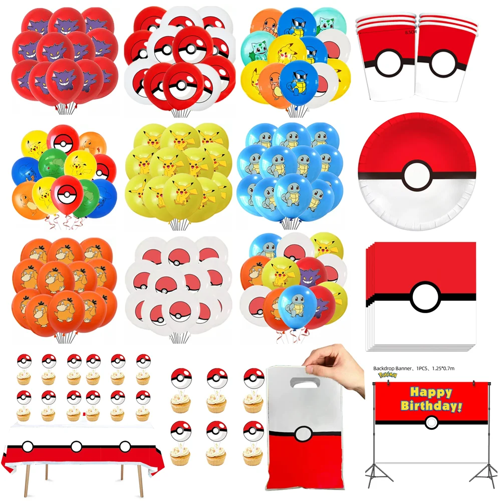 Pokemon Birthday Party Decorations Poké Ball Disposable Plate Cup Tableware Backdrop For Boy Kids Party Supplies Foil Balloons