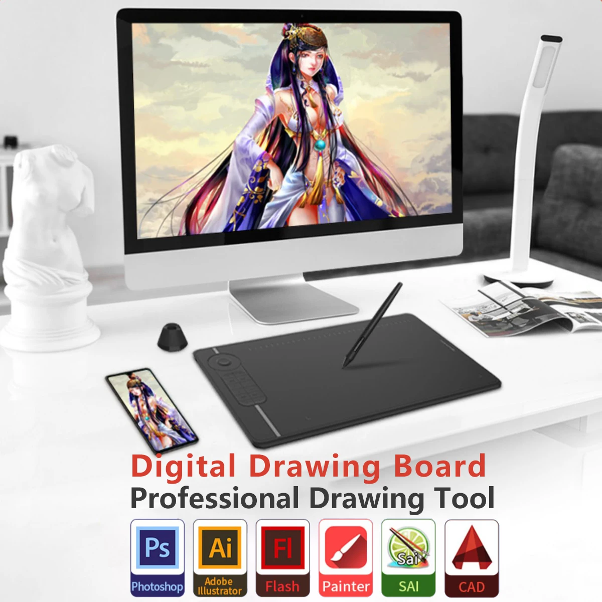 Digital Drawing Board 5080LPl Resolution Painting Tablet 8192 Pressure Pen Professional Drawing Tool For Windows MAC  Android OS