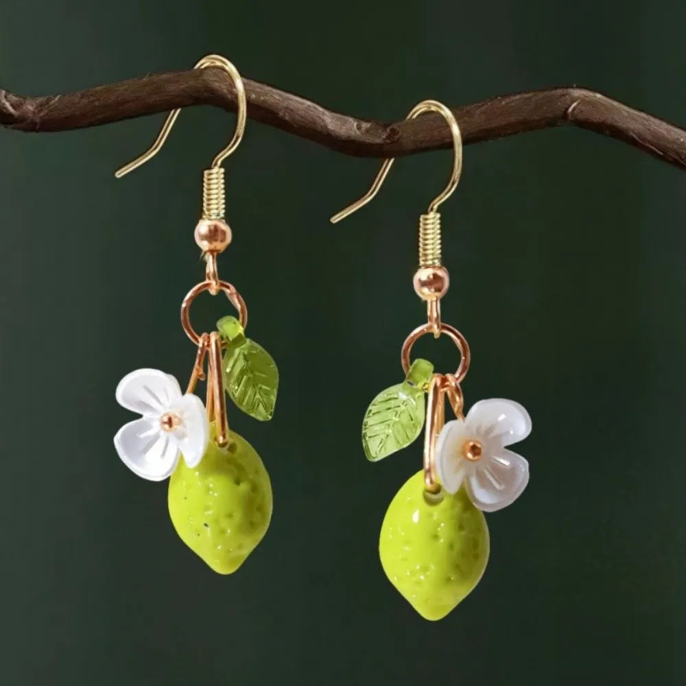 New Sweet Lemon Shaped Necklace Acrylic Cute Dangle Earrings Flower Trendy Fruit Hooks Earring Vacation