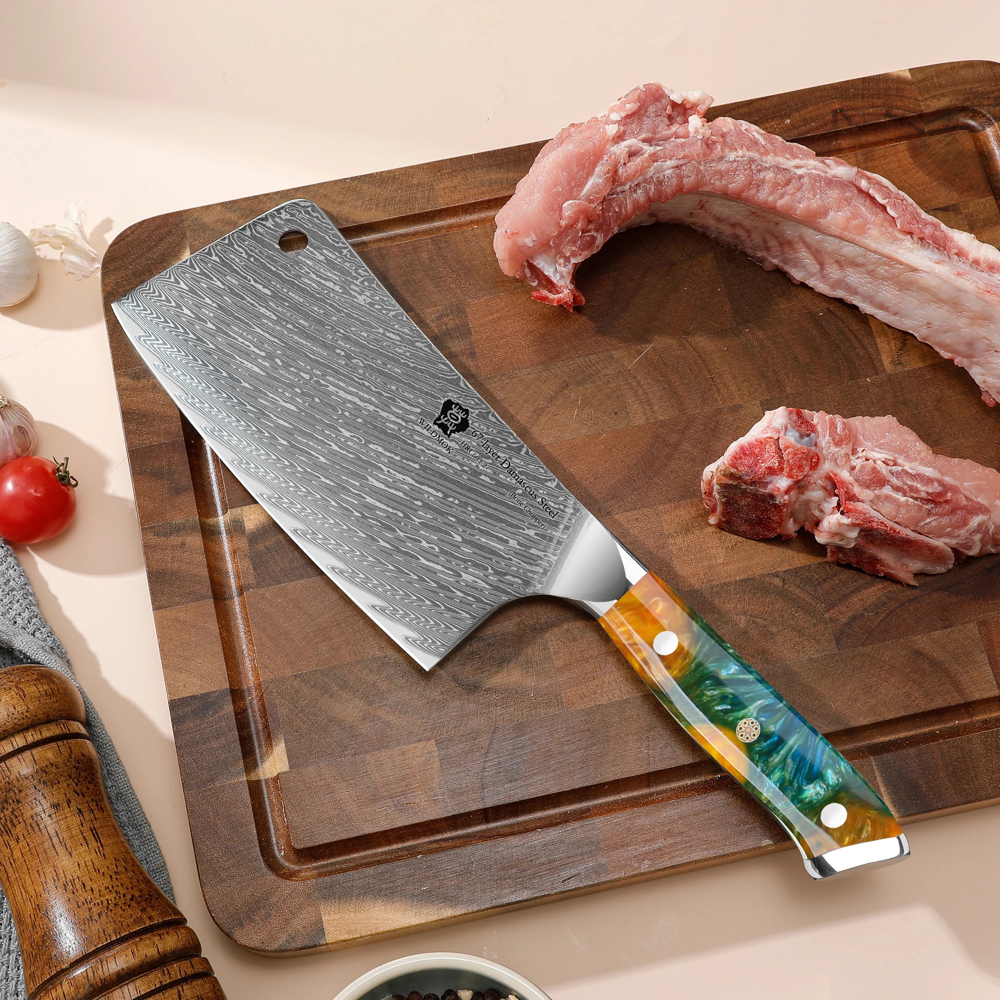 WILDMOK 6.5 Inch 67 Layer Damascus VG10 Bone Chopper Knife , Heavy Duty for Home & Restaurant, Orange Resin Handle, Ideal Gift