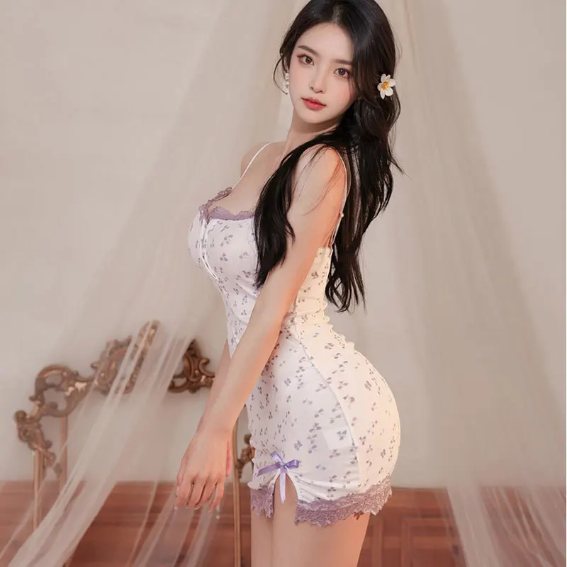 花柄のネグリジェ,セクシーな紫色のレースのジャンプスーツ,女の子のためのセクシーなランジェリー,夏