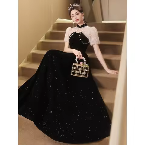 Black Improved Qipao Long Celebrity Banquet Dress Women Evening Party Banquet Gown Mandarin Collar Vestidos Robe Dresses