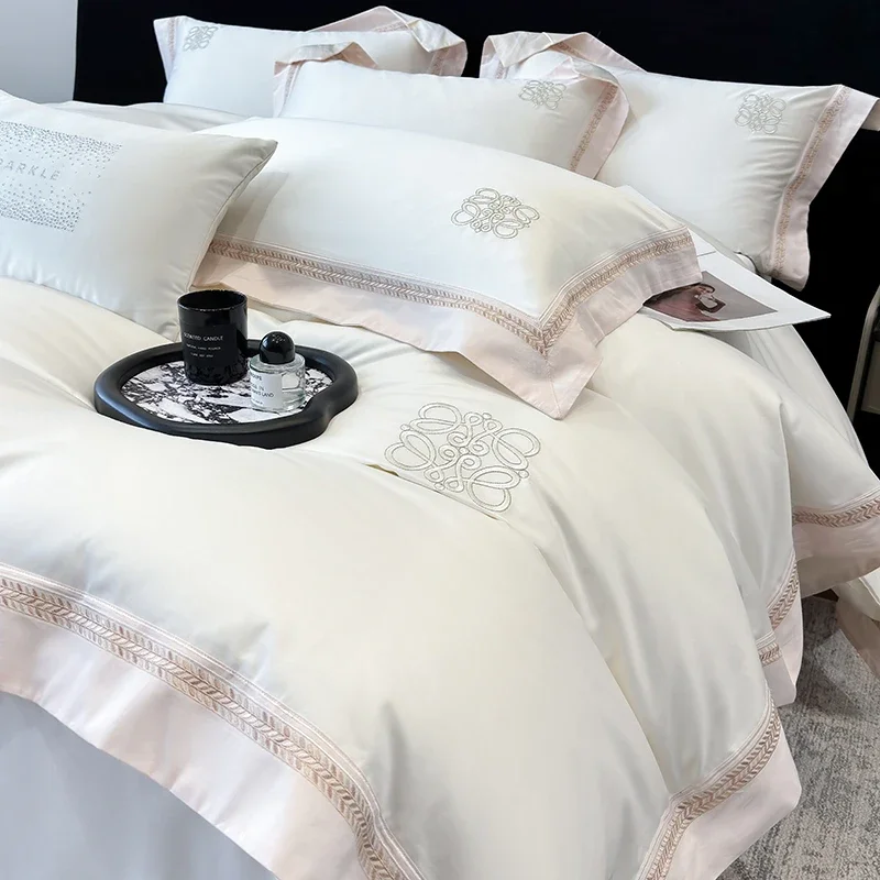White Egyptian Cotton Bedding Sets Luxury Stripe Embroidery Duvet Cover Set Bed Sheet Pillowcases Solid Color Home Textile
